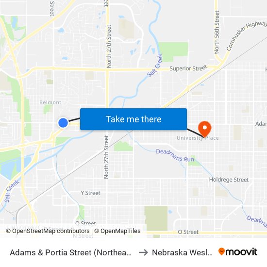 Adams & Portia Street (Northeast Side) to Nebraska Wesleyan map