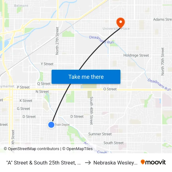 "A" Street & South 25th Street, SW to Nebraska Wesleyan map