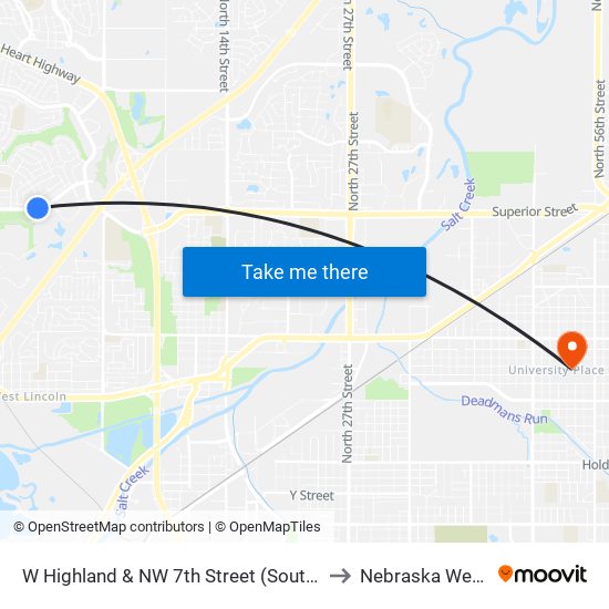 W Highland & NW 7th Street (Southwest Side) to Nebraska Wesleyan map