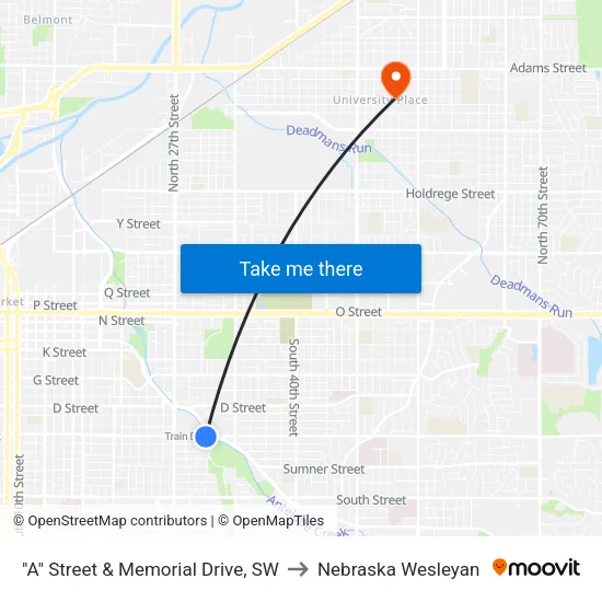 "A" Street & Memorial Drive, SW to Nebraska Wesleyan map