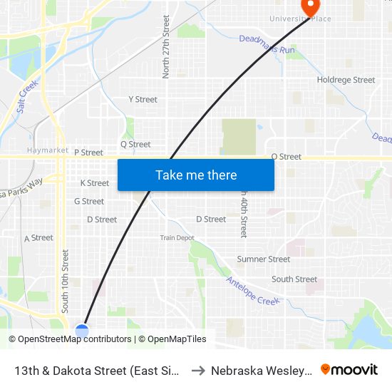 13th & Dakota Street (East Side) to Nebraska Wesleyan map