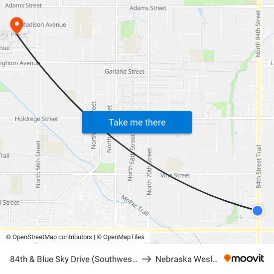 84th & Blue Sky Drive (Southwest Side) to Nebraska Wesleyan map