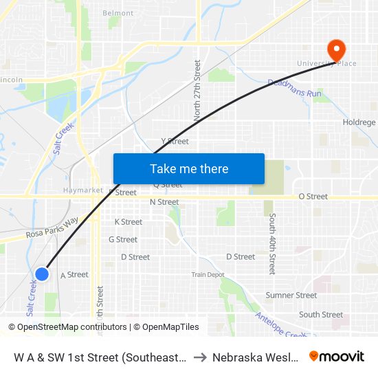W A & SW 1st Street (Southeast Side) to Nebraska Wesleyan map