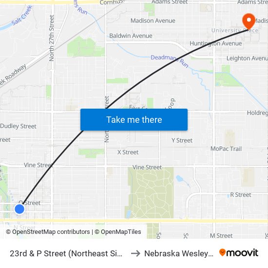 23rd & P Street (Northeast Side) to Nebraska Wesleyan map