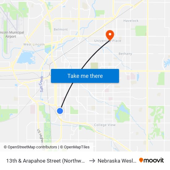 13th & Arapahoe Street (Northwest Side) to Nebraska Wesleyan map