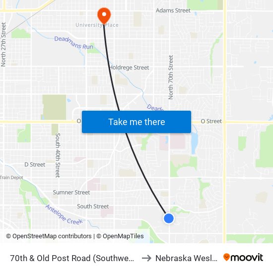 70th & Old Post Road (Southwest Side) to Nebraska Wesleyan map