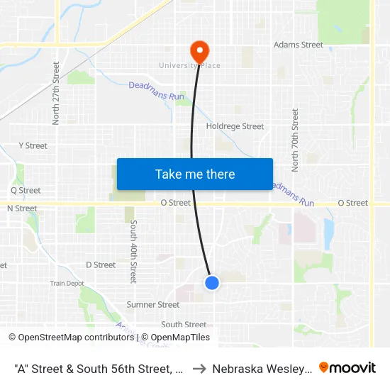 "A" Street & South 56th Street, NW to Nebraska Wesleyan map