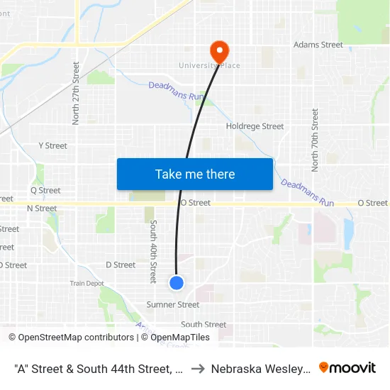 "A" Street & South 44th Street, NE to Nebraska Wesleyan map