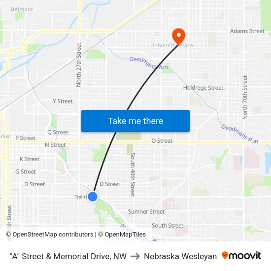 "A" Street & Memorial Drive, NW to Nebraska Wesleyan map
