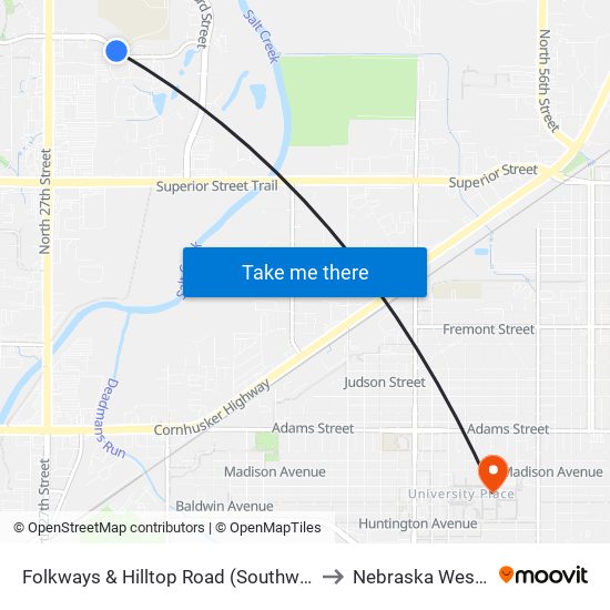 Folkways & Hilltop Road (Southwest Side) to Nebraska Wesleyan map