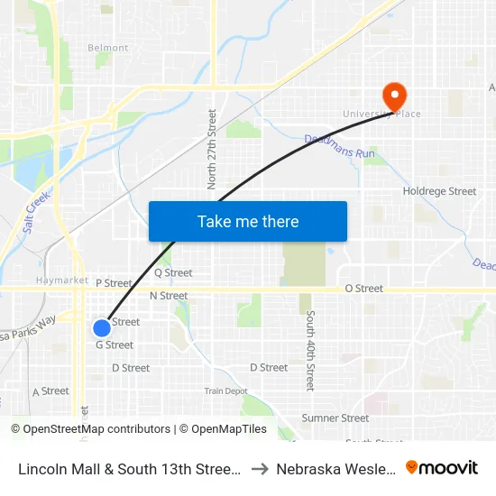 Lincoln Mall & South 13th Street, SW to Nebraska Wesleyan map