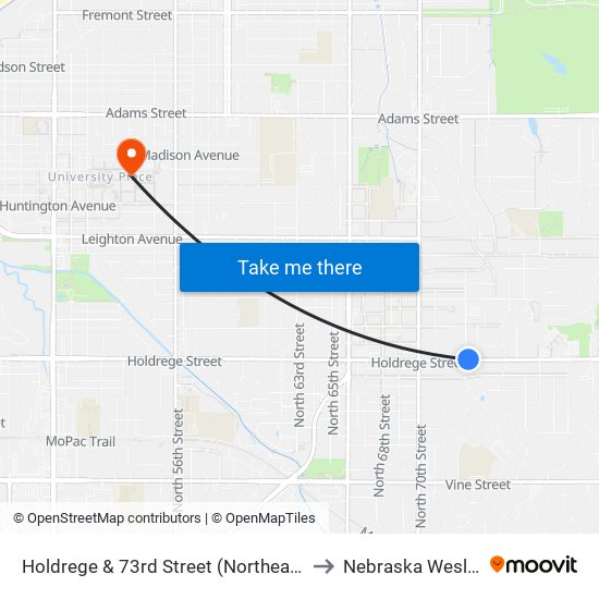 Holdrege & 73rd Street (Northeast Side) to Nebraska Wesleyan map
