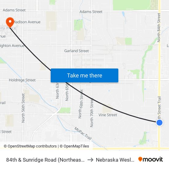 84th & Sunridge Road (Northeast Side) to Nebraska Wesleyan map