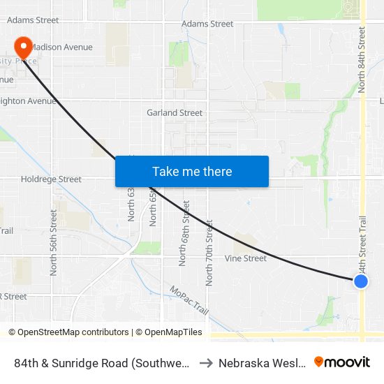 84th & Sunridge Road (Southwest Side) to Nebraska Wesleyan map