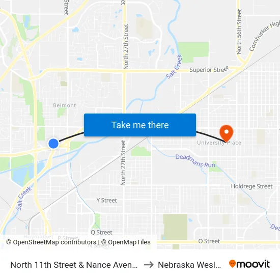 North 11th Street & Nance Avenue, NE to Nebraska Wesleyan map
