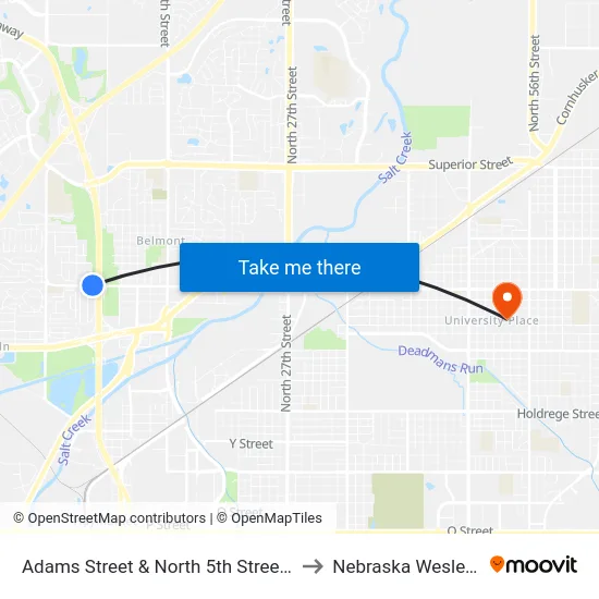 Adams Street & North 5th Street, NE to Nebraska Wesleyan map