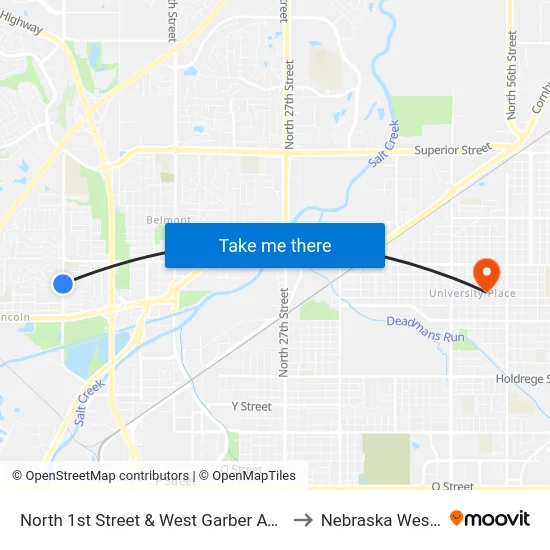 North 1st Street & West Garber Avenue, SW to Nebraska Wesleyan map