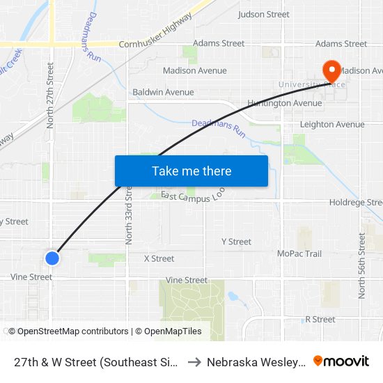 27th & W Street (Southeast Side) to Nebraska Wesleyan map