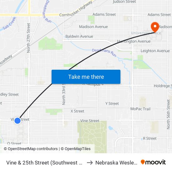 Vine & 25th Street (Southwest Side) to Nebraska Wesleyan map