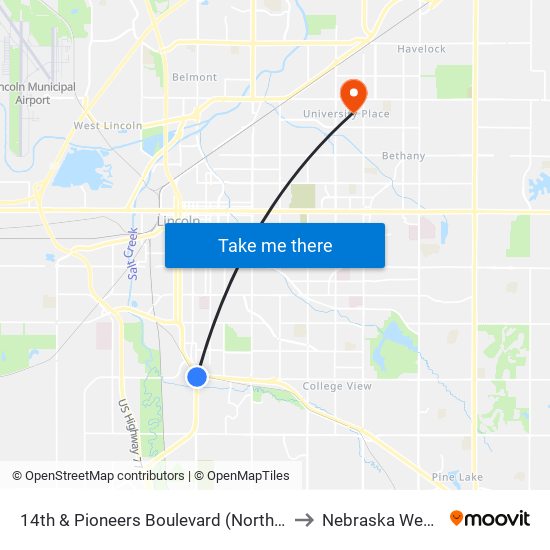 14th & Pioneers Boulevard (Northeast Side) to Nebraska Wesleyan map