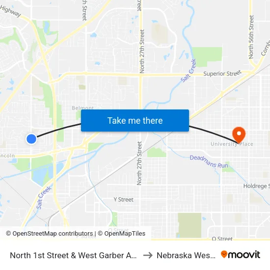North 1st Street & West Garber Avenue, Se to Nebraska Wesleyan map