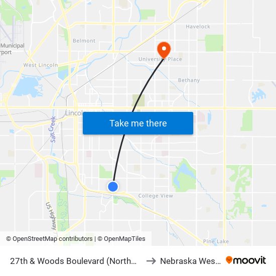 27th & Woods Boulevard (Northwest Side) to Nebraska Wesleyan map