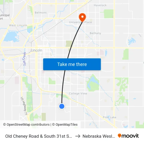 Old Cheney Road & South 31st Street, Se to Nebraska Wesleyan map