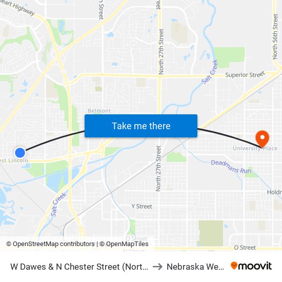 W Dawes & N Chester Street (Northeast Side) to Nebraska Wesleyan map