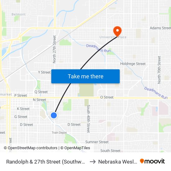 Randolph & 27th Street (Southwest Side) to Nebraska Wesleyan map