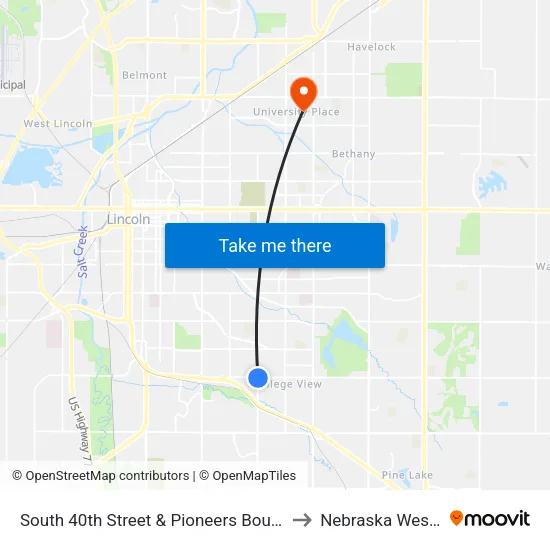 South 40th Street & Pioneers Boulevard, Se to Nebraska Wesleyan map