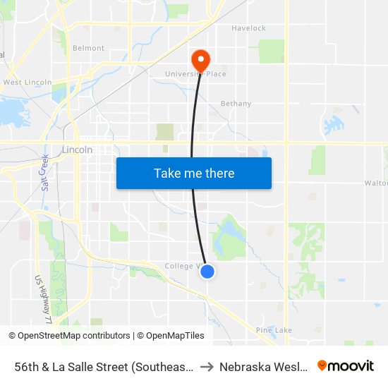 56th & La Salle Street (Southeast Side) to Nebraska Wesleyan map