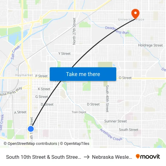 South 10th Street & South Street, Se to Nebraska Wesleyan map