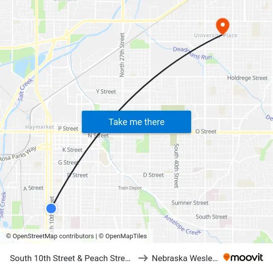 South 10th Street & Peach Street, Se to Nebraska Wesleyan map