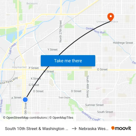 South 10th Street & Washington Street, Se to Nebraska Wesleyan map