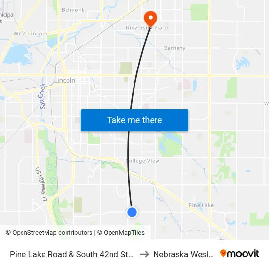 Pine Lake Road & South 42nd Street, Se to Nebraska Wesleyan map