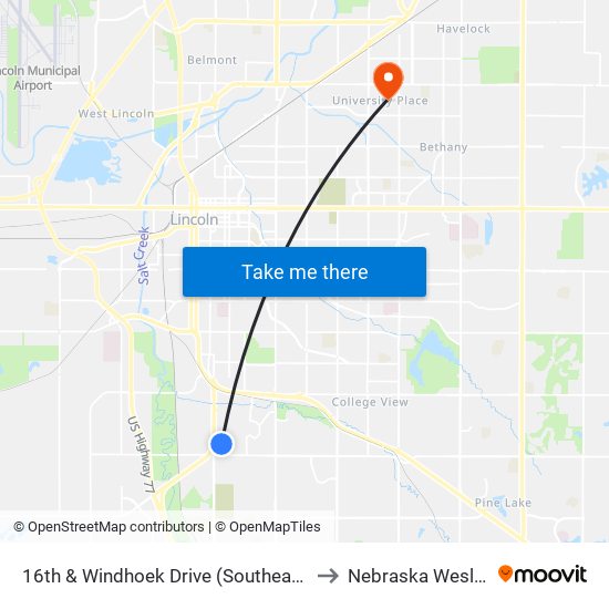 16th & Windhoek Drive (Southeast Side) to Nebraska Wesleyan map