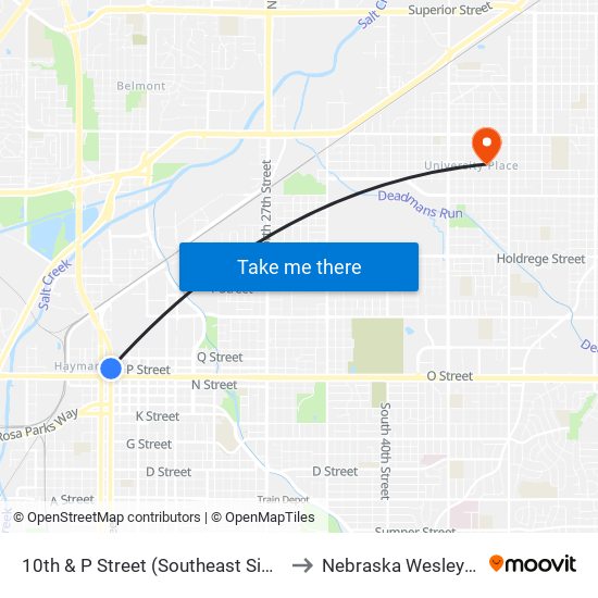 10th & P Street (Southeast Side) to Nebraska Wesleyan map