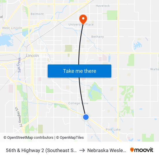 56th & Highway 2 (Southeast Side) to Nebraska Wesleyan map