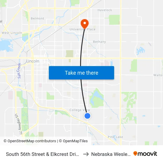 South 56th Street & Elkcrest Drive, Se to Nebraska Wesleyan map