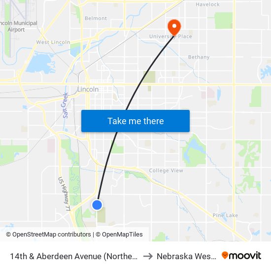 14th & Aberdeen Avenue (Northeast Side) to Nebraska Wesleyan map