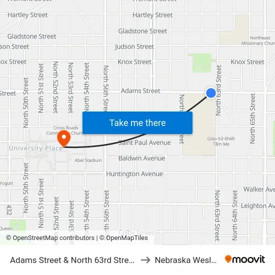 Adams Street & North 63rd Street, SW to Nebraska Wesleyan map