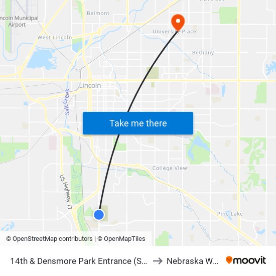 14th & Densmore Park Entrance (Southwest Side) to Nebraska Wesleyan map