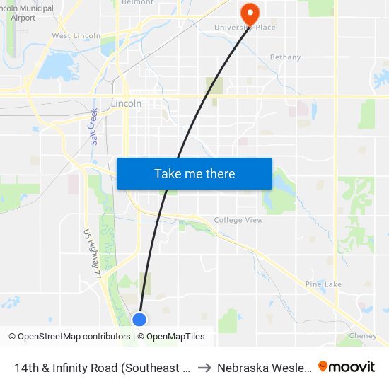 14th & Infinity Road (Southeast Side) to Nebraska Wesleyan map