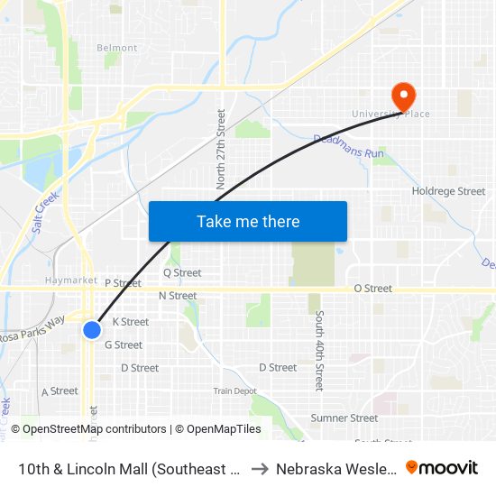 10th & Lincoln Mall (Southeast Side) to Nebraska Wesleyan map