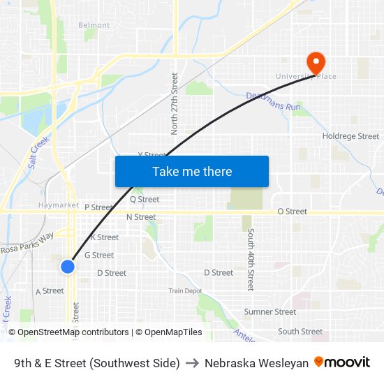 9th & E Street (Southwest Side) to Nebraska Wesleyan map