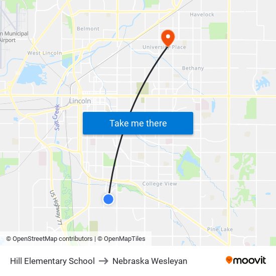 Hill Elementary School to Nebraska Wesleyan map