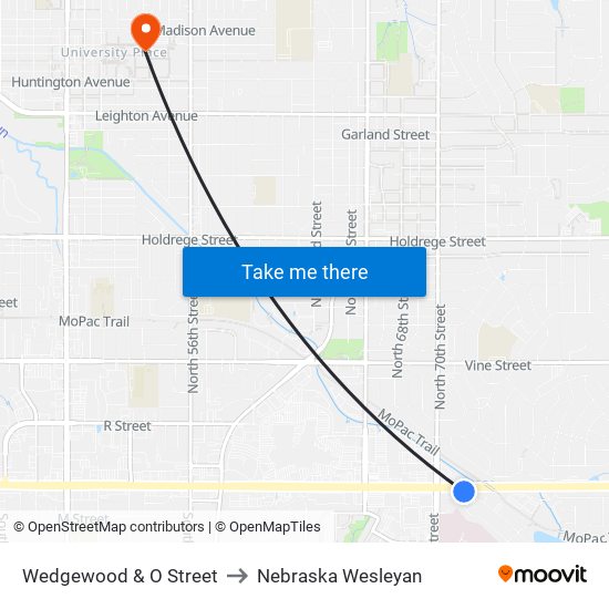 Wedgewood & O Street to Nebraska Wesleyan map