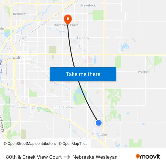 80th & Creek View Court to Nebraska Wesleyan map