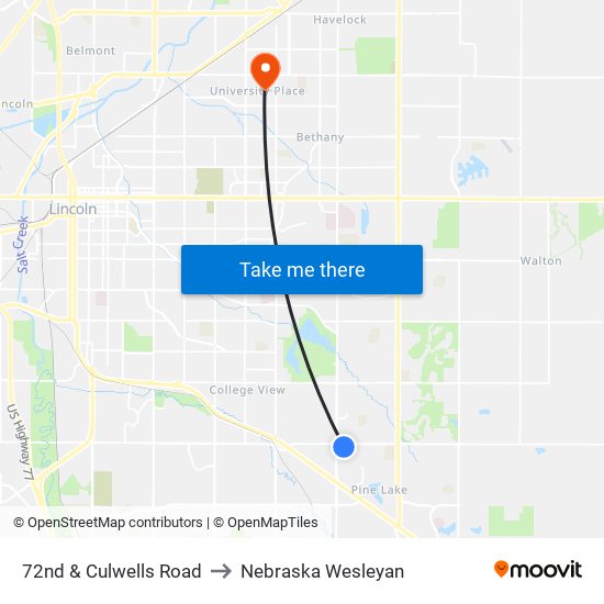 72nd & Culwells Road to Nebraska Wesleyan map