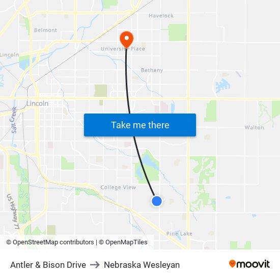 Antler & Bison Drive to Nebraska Wesleyan map